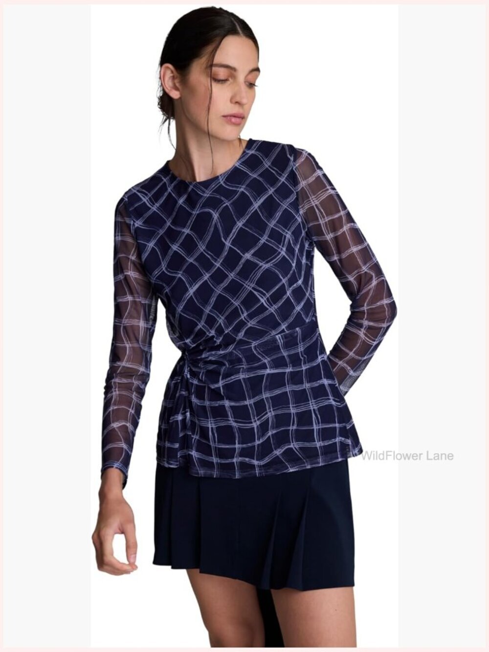 Long Sleeve Printed Mesh Knot Waist Top - Women's T-Shirt